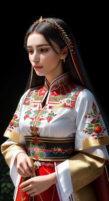 Woman in Embroidered Serbian Costume: Detailed Photo