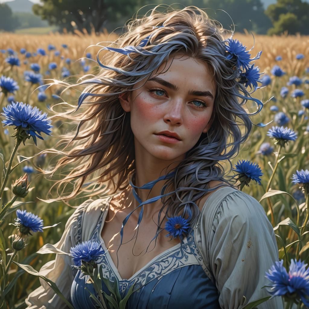 Cornflower Bending in Windy Field, Hyperdetailed Illustratio...