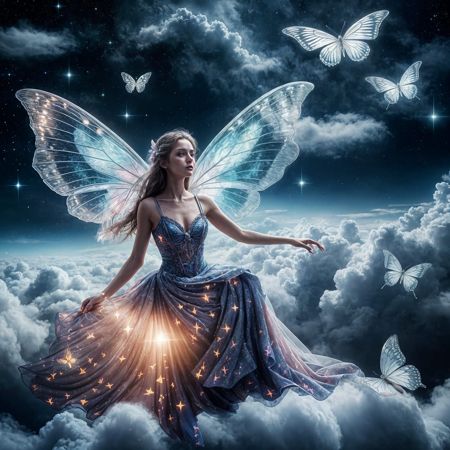 Woman with Butterfly Wings Above the Clouds