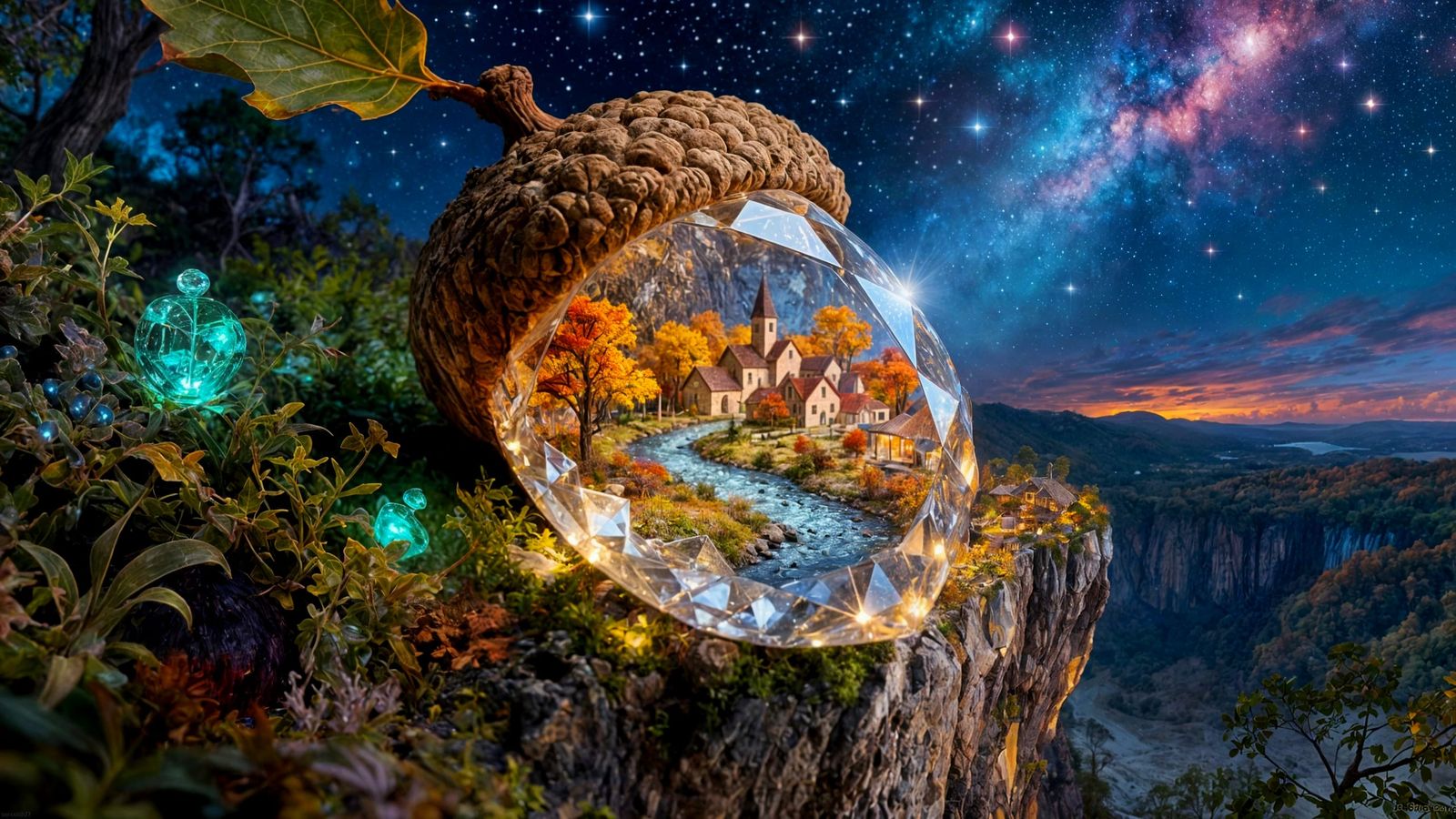 Crystal Acorn Village Under a Starry Night Sky