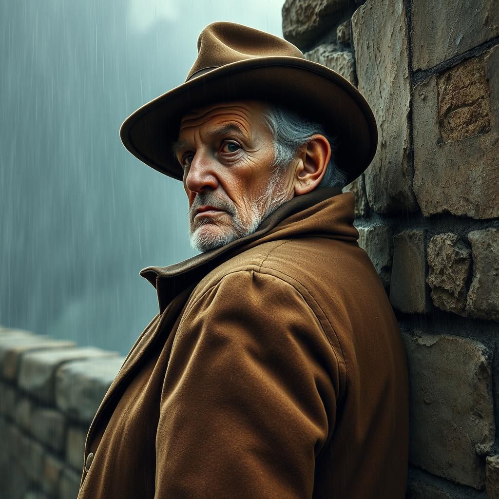 Weathered Man in Rain, Realism Style