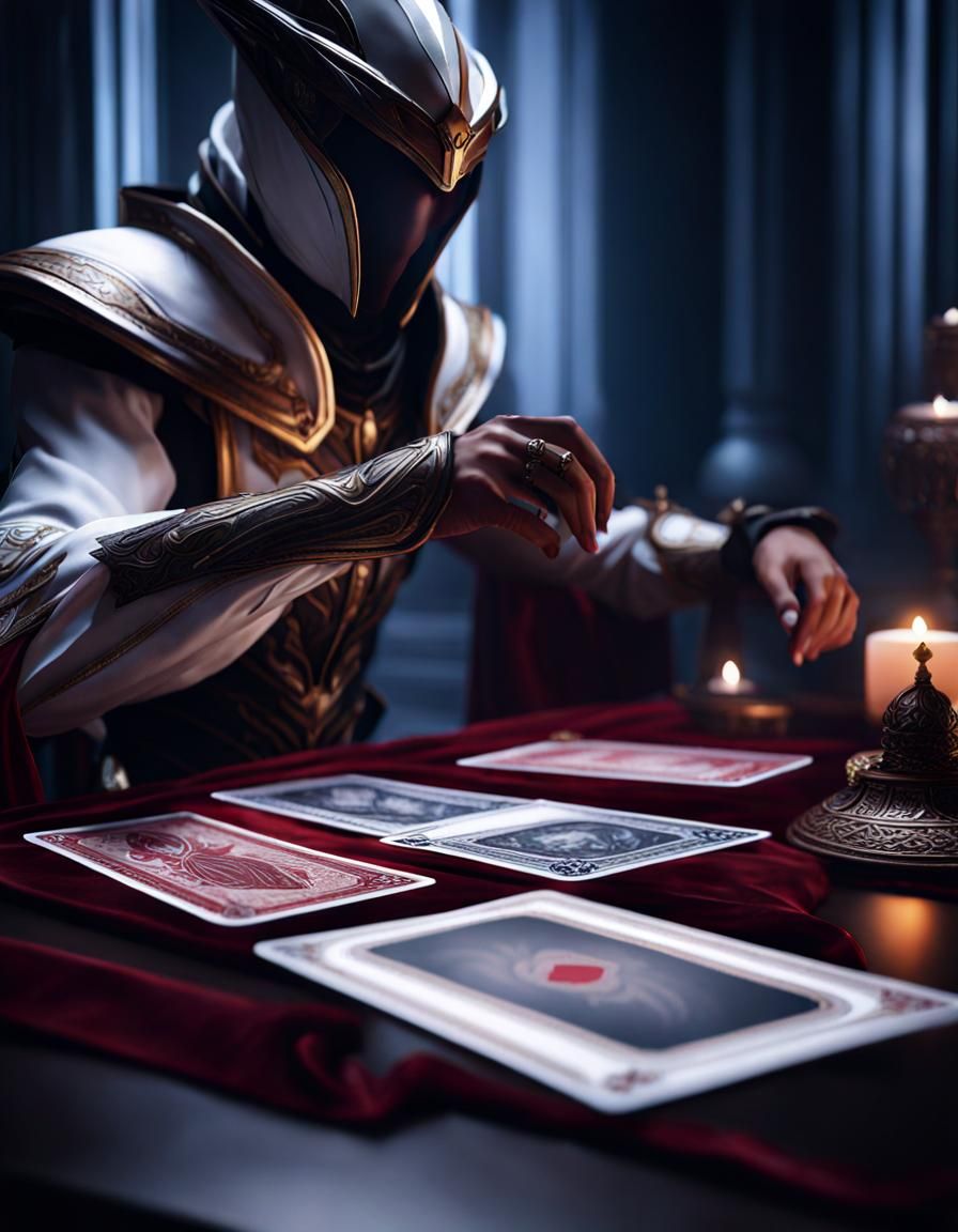 portrait of a Warframe dealing out wiccan tarot cards