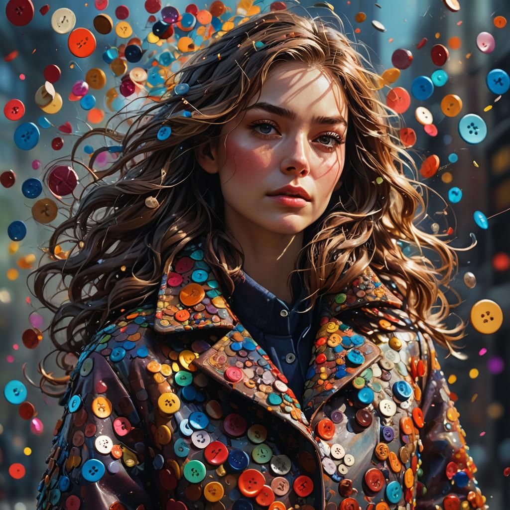 Woman with Button Hair in Hyperrealistic Splash Art