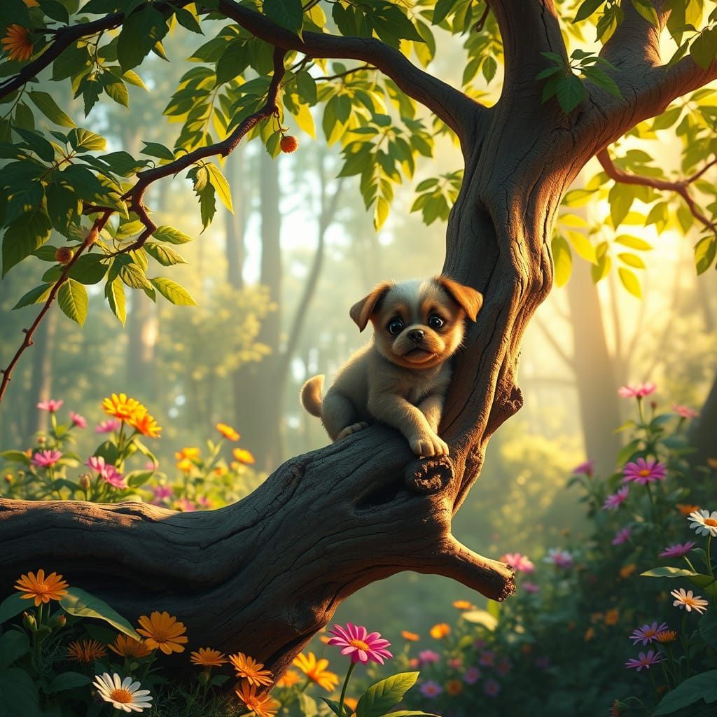 Whimsical Forest Scene with Playful Puppy
