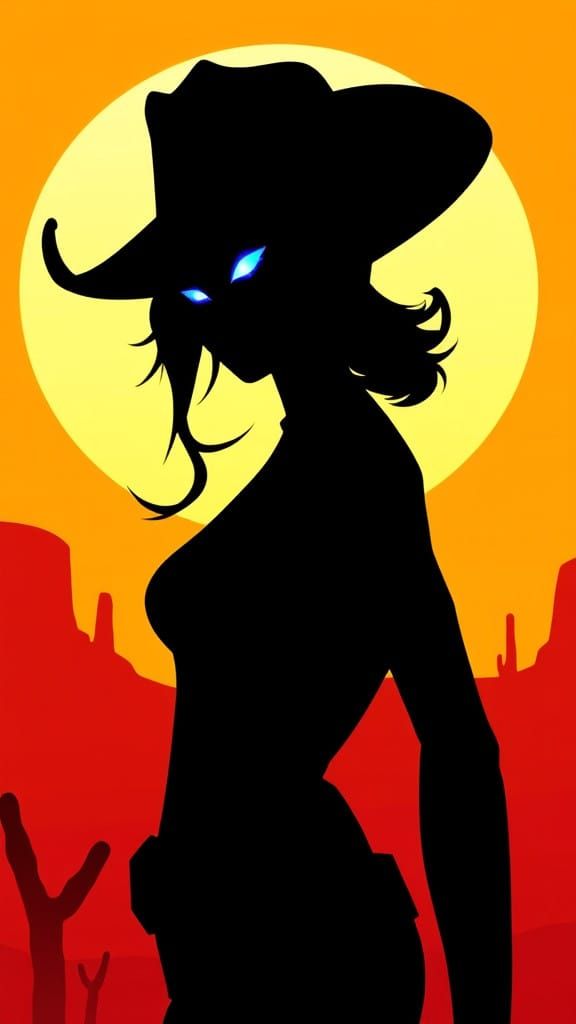 Glowing Android Cowgirl Against Golden Sunset