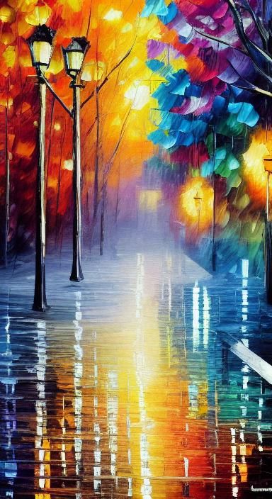 Rainy Night Park in Neo-Impressionist Collage Style