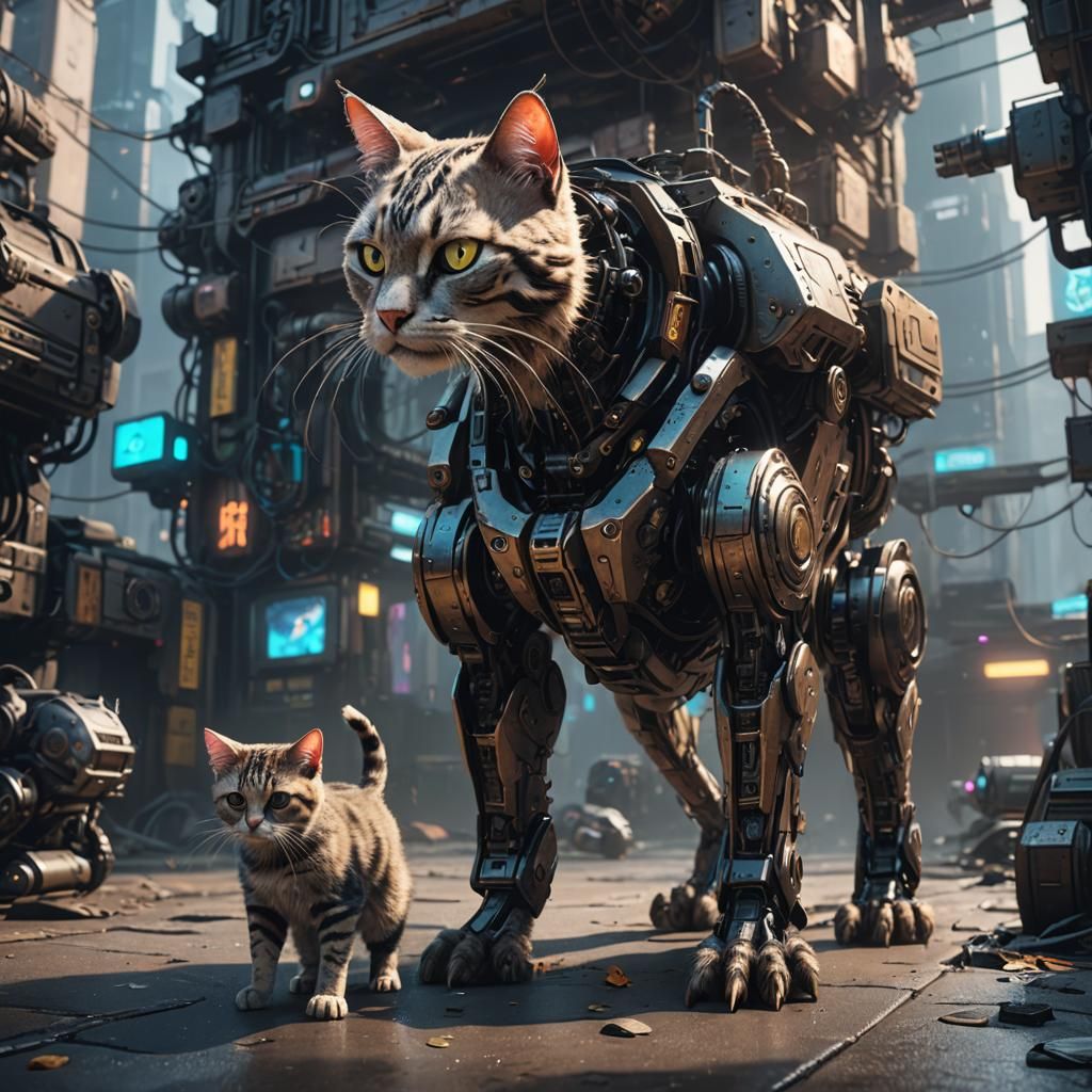 Cyberpunk Cat Confronts Robot Feline