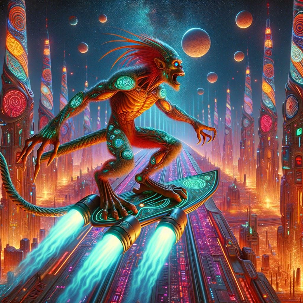 Ethereal Sci-Fi Alien Rides Cybernetic Surfboard Above Vibra...