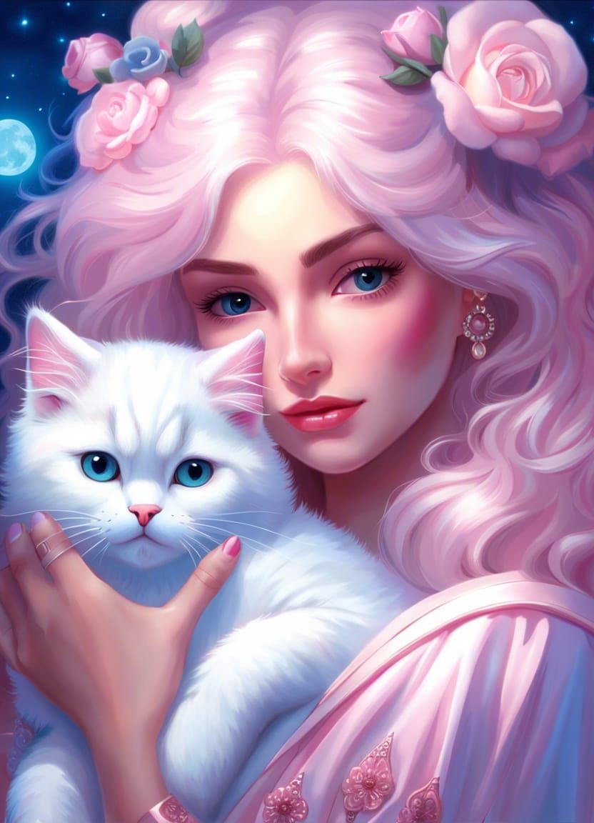 Magical Girl with Kitten in Celestial Moonlight