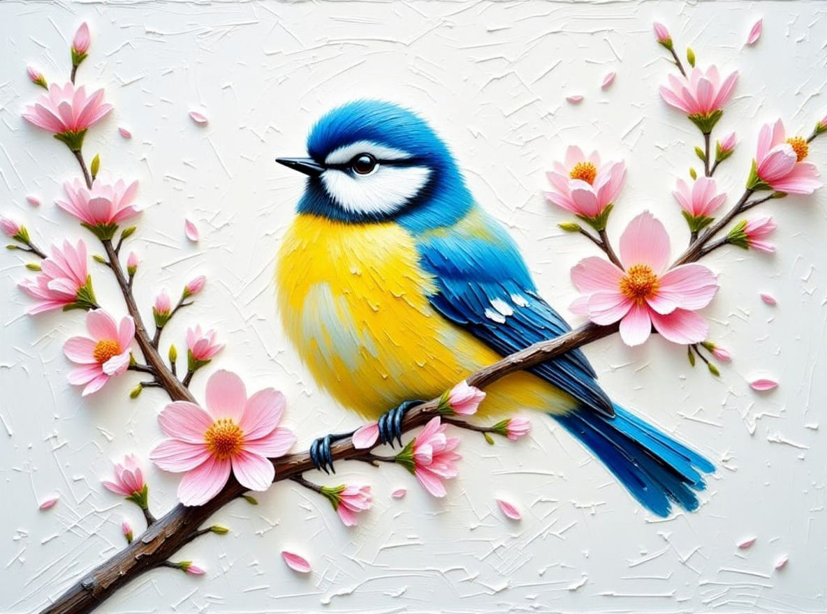 Blue Titmouse on Cherry Branch: Impasto Painting
