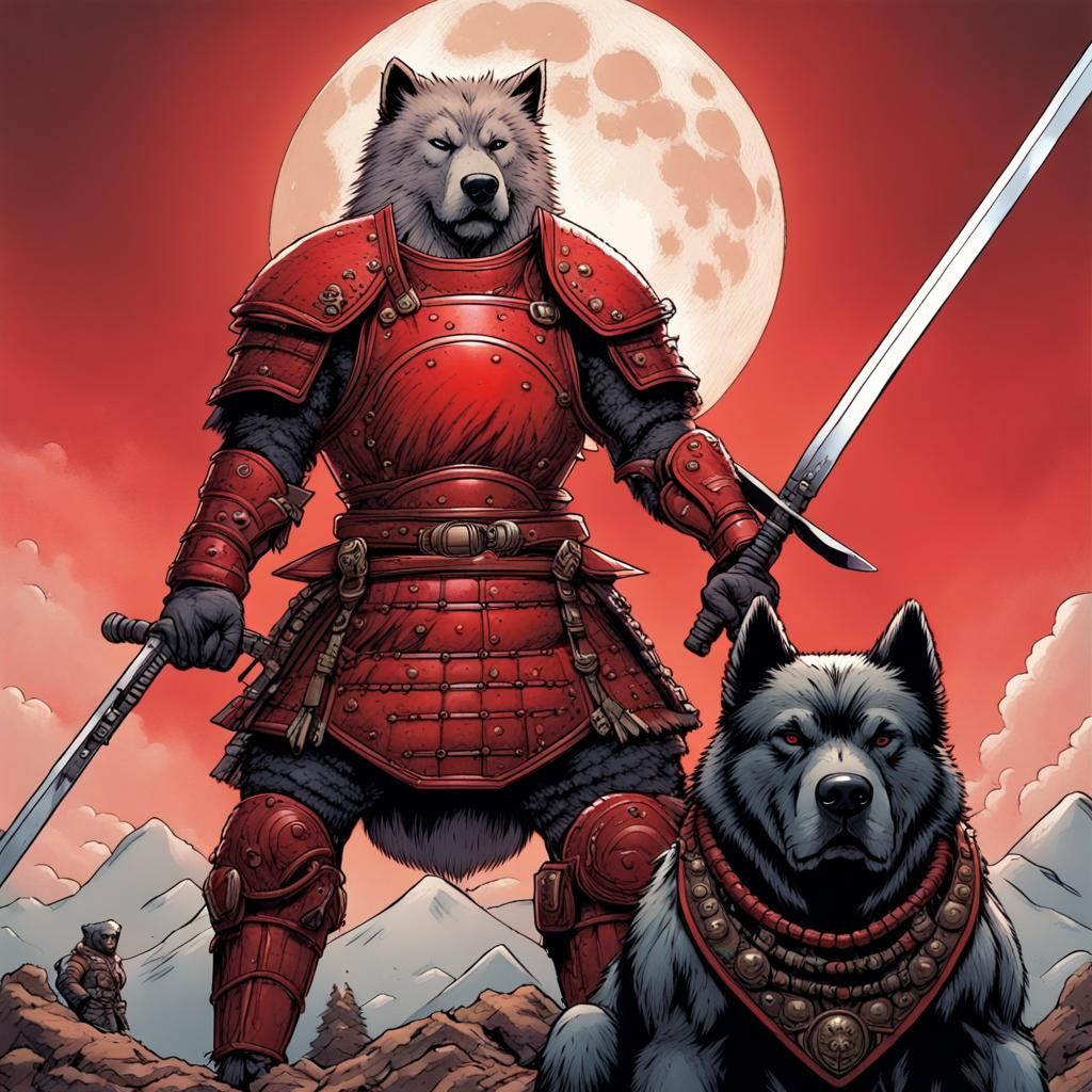 Samurai Warlord and Armored Akita Dog in Comic Art