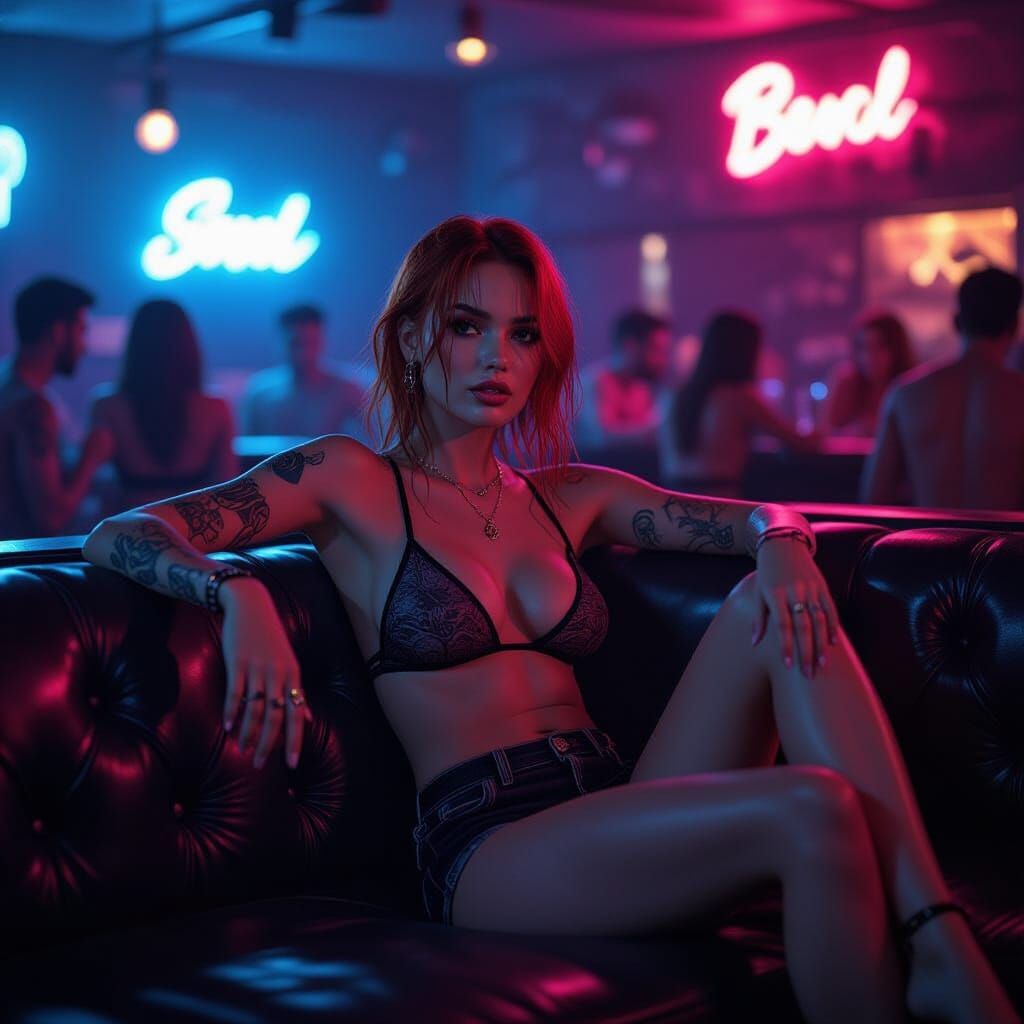 Redhead Lounging in Beachside Nightclub, Photorealistic Styl...