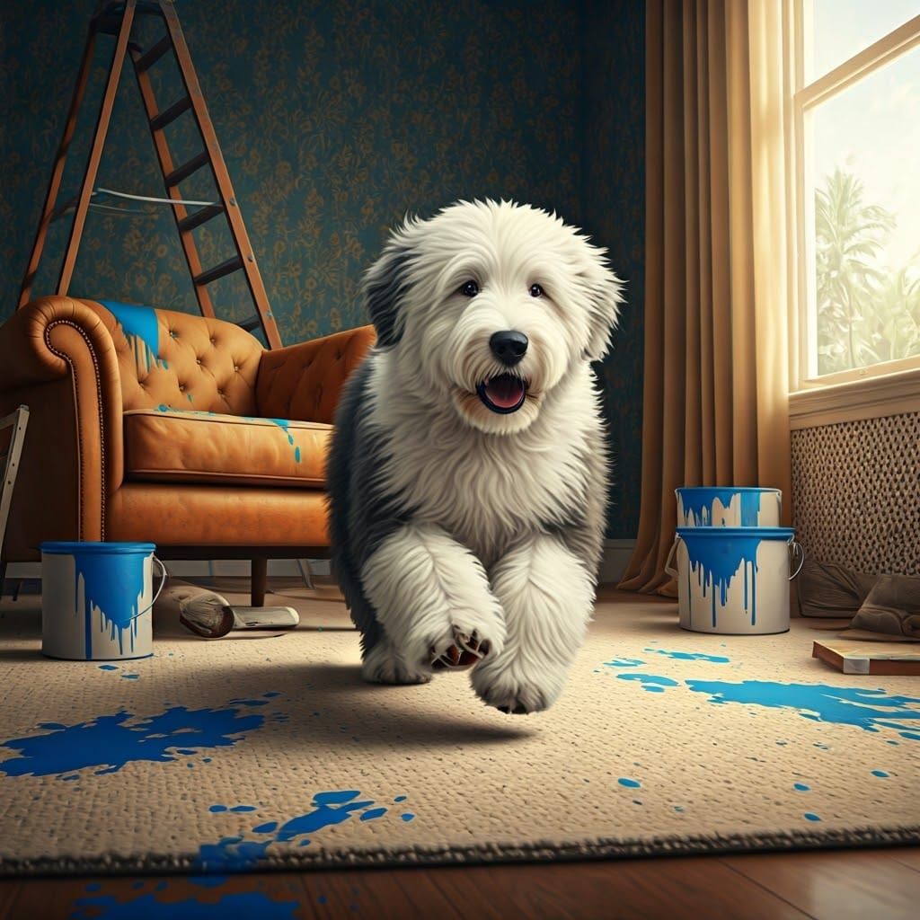 Old English Sheepdog Creates Chaos in Living Room