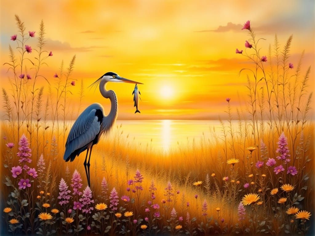 Golden Wetland Sunset with Elegant Heron