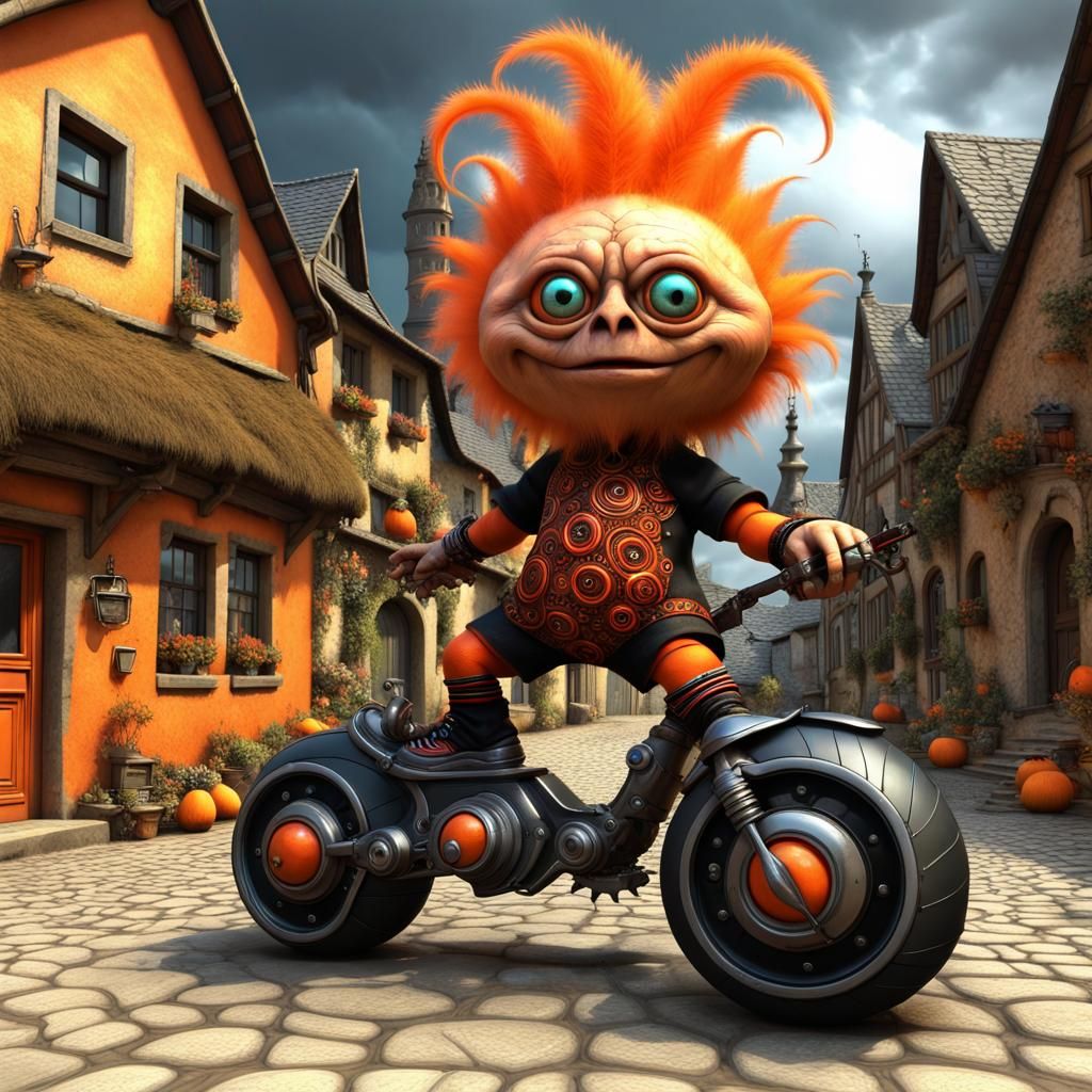 funny troll on  his creepy motorcycle