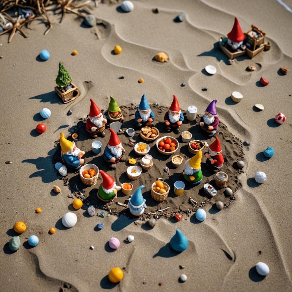 Miniature Gnome Picnic on Beach, Hyperrealistic Image