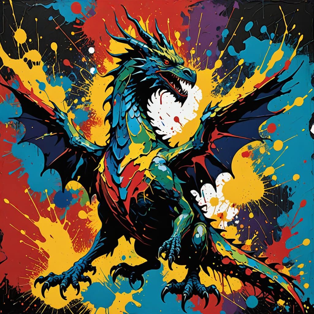 Abstract Expressionist Dragon Silhouette in Vibrant Paint Sp...