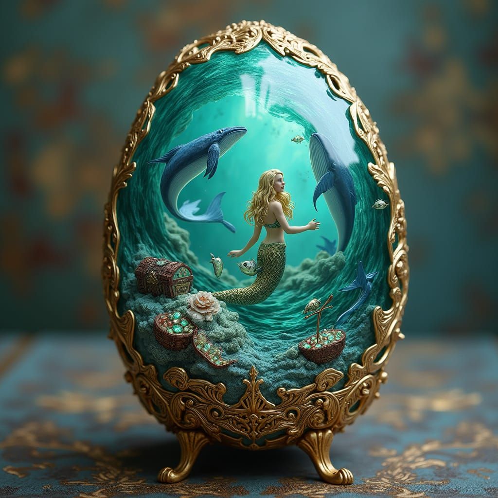 Vintage-Style Sugar Egg with Whimsical Ocean Scene and Merma...