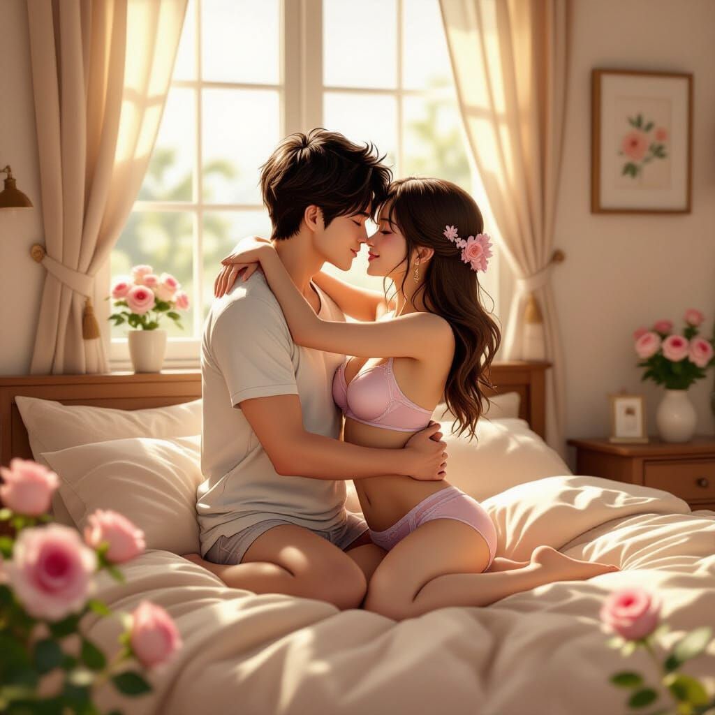 Passionate Embrace in Pastel Bedroom: 3D Anime Art