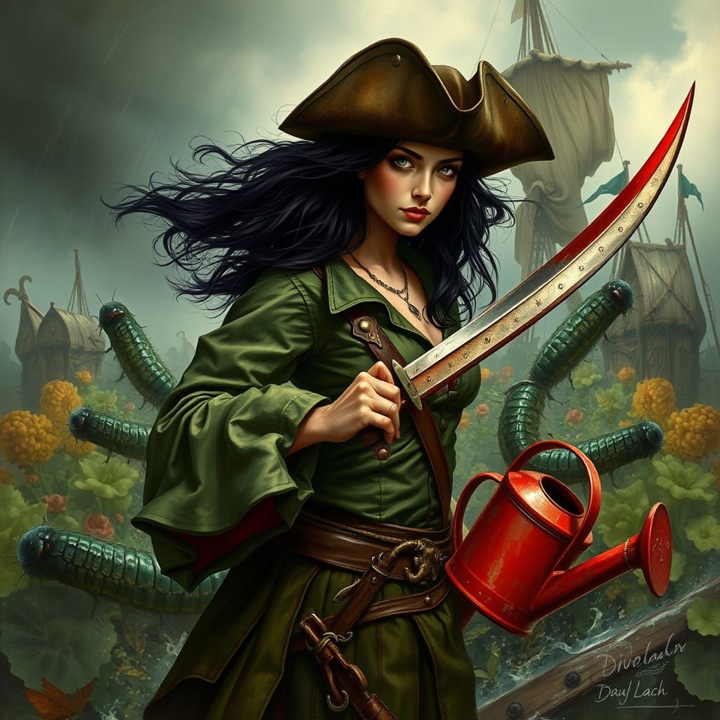 Woman Pirate Gardener Battles Giant Caterpillars: Surreal Di...