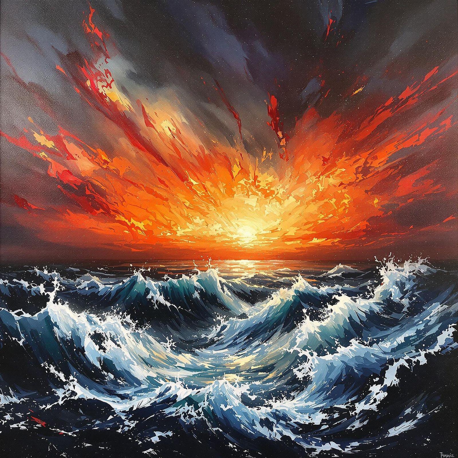 Dramatic Ocean Painting in Fiery Impasto Style