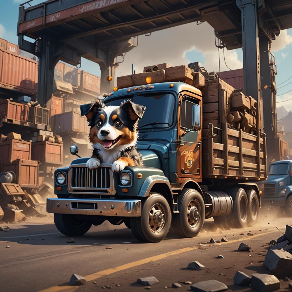 Chibi Aussie Dog in Semi Truck, Detailed Digital Art