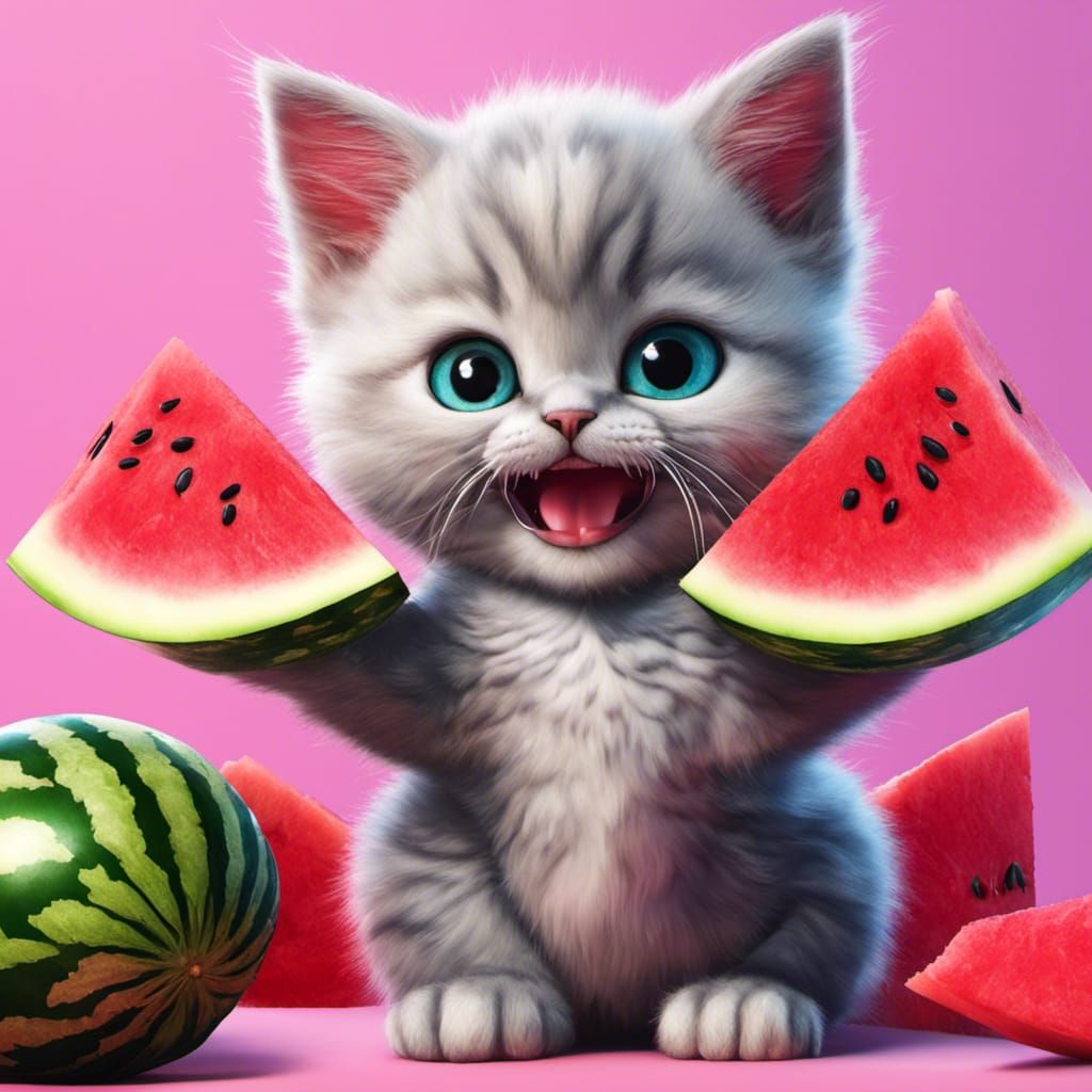 Kitten's Watermelon Feast: Candy Art Illustration