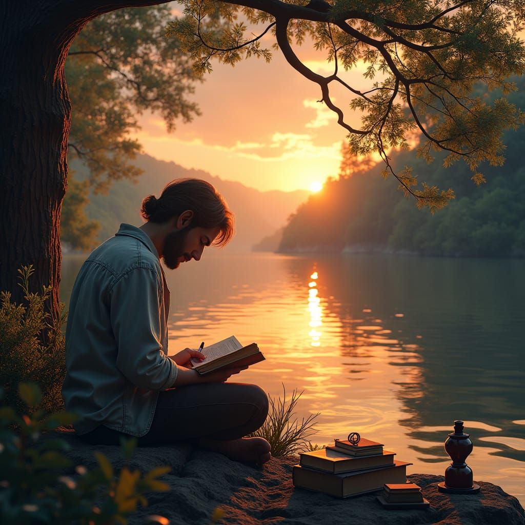 Brazilian Poet by River at Sunset: Matte Painting
