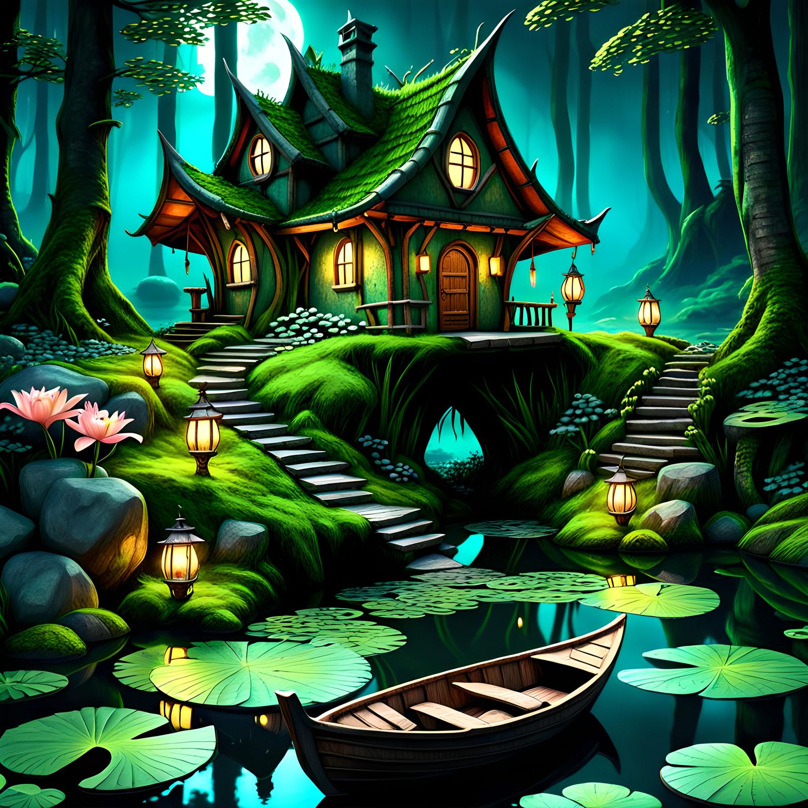 Enchanted Elf House in Bioluminescent Forest