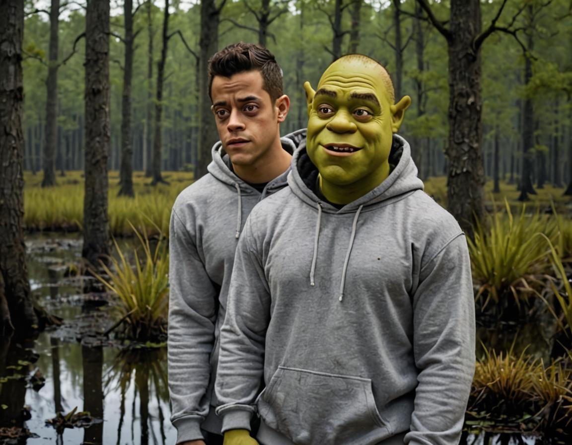 Shrek and Rami Malek in Dark Swamp, Portrait
