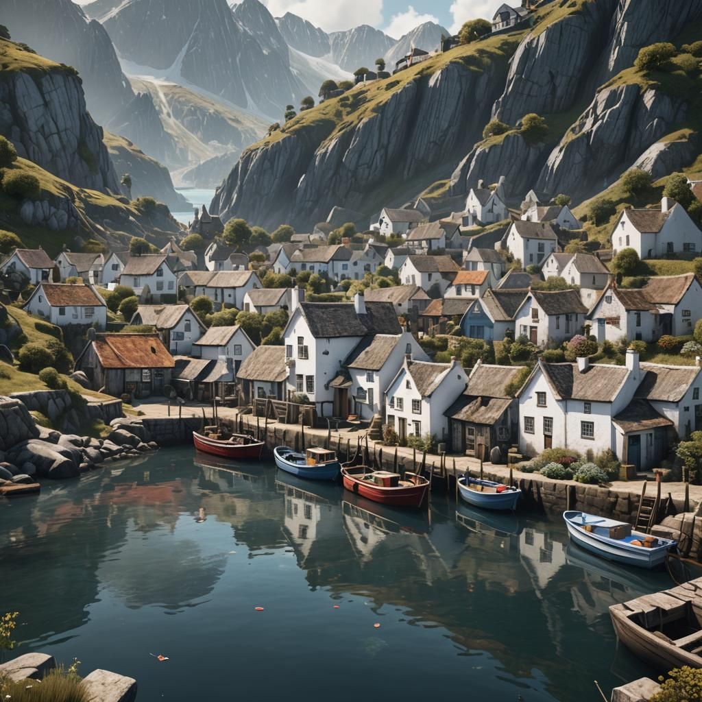 Quaint Fishing Harbor with Whitewashed Cottages