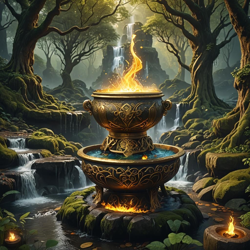 Magic Golden Cauldron in Mythical Forest