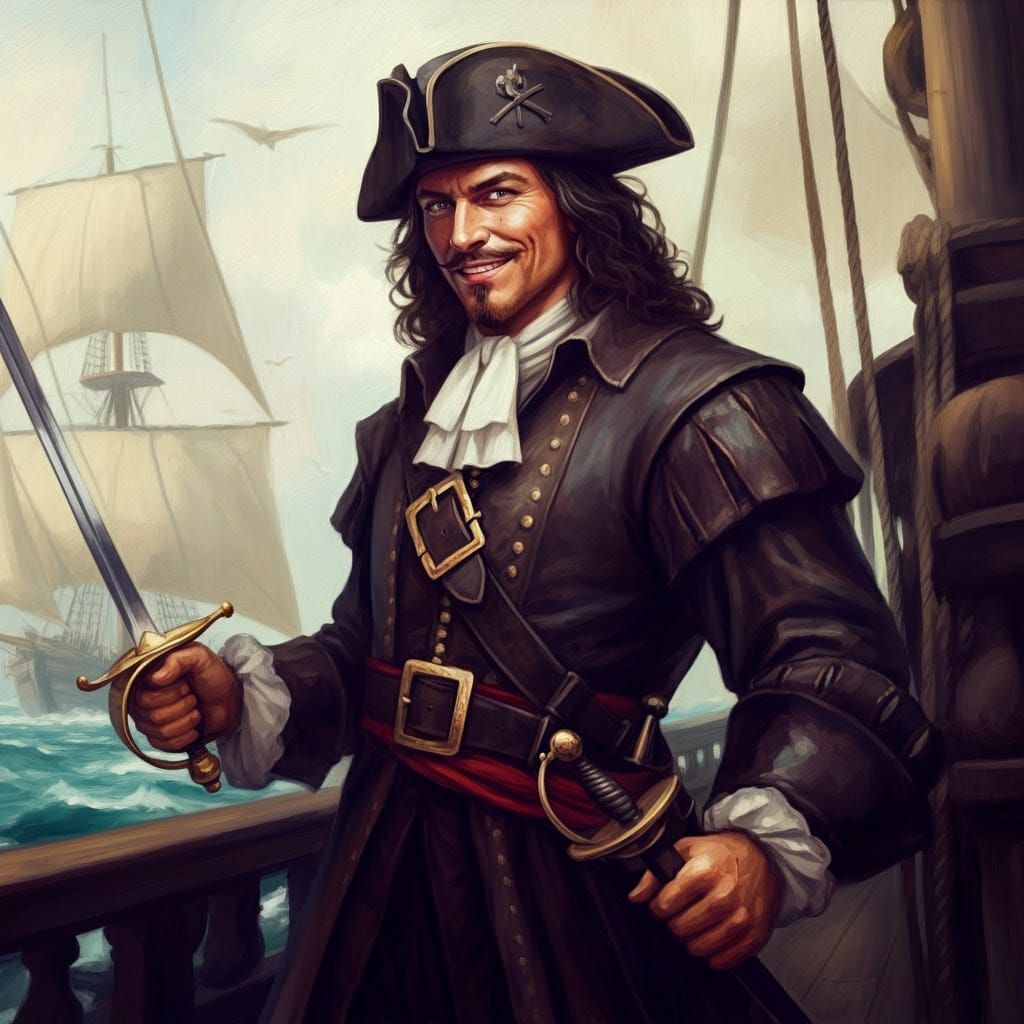 Dashing Pirate on Sailing Ship in Impressionist Style