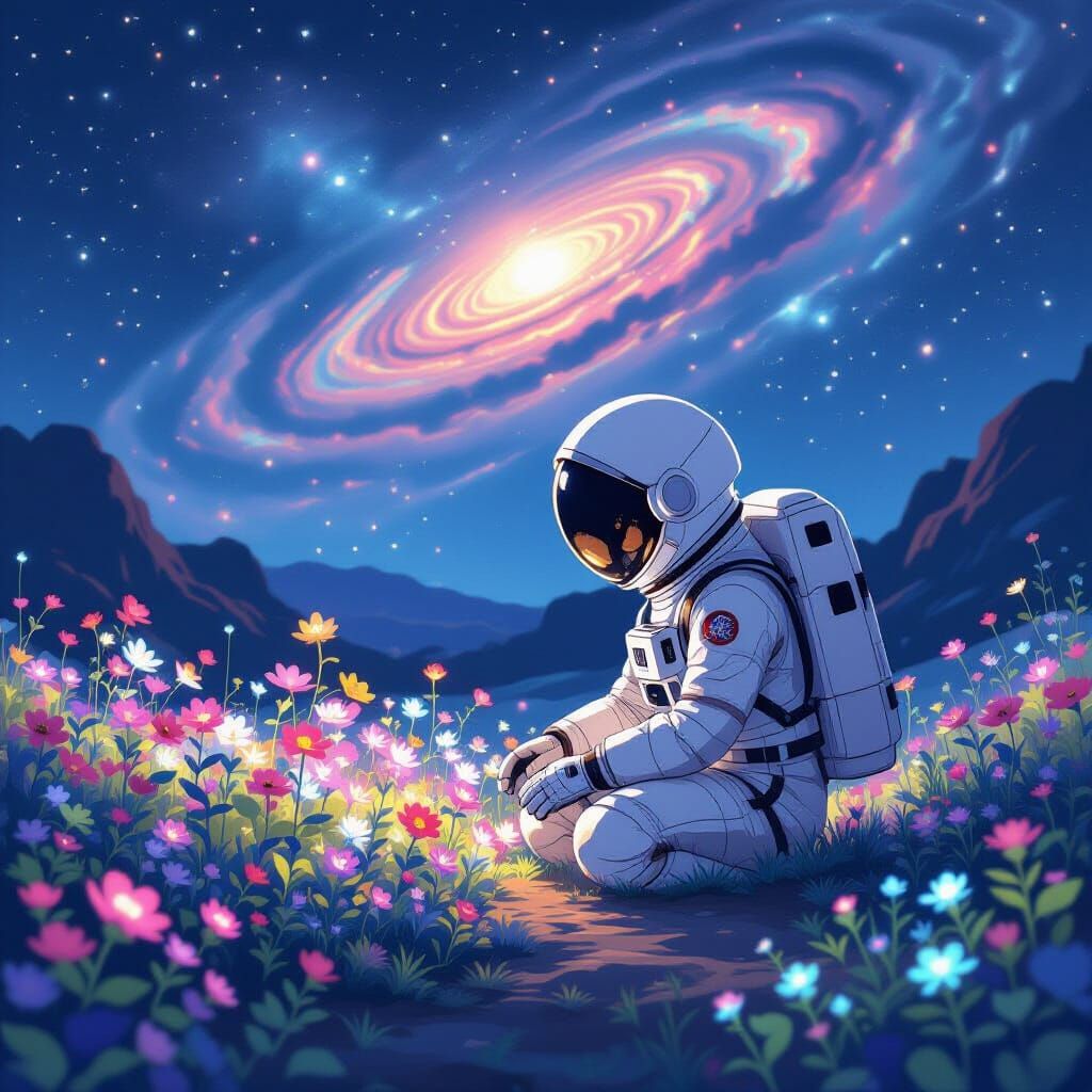 Astronaut Tends Bioluminescent Garden on Moon