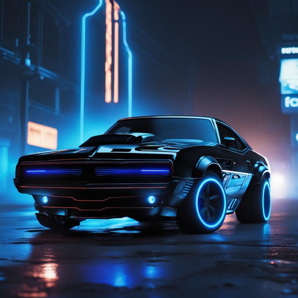Cyberpunk Muscle Car with Blue Neon Lights