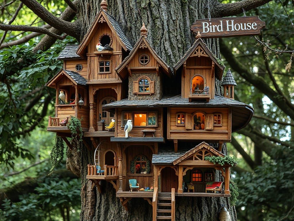 Detailed Birdhouse Village on Tree Trunk