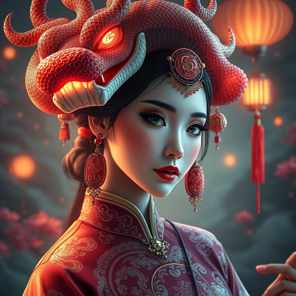 Mystical Lady of Chinese Mythology in Glittering Headpieces