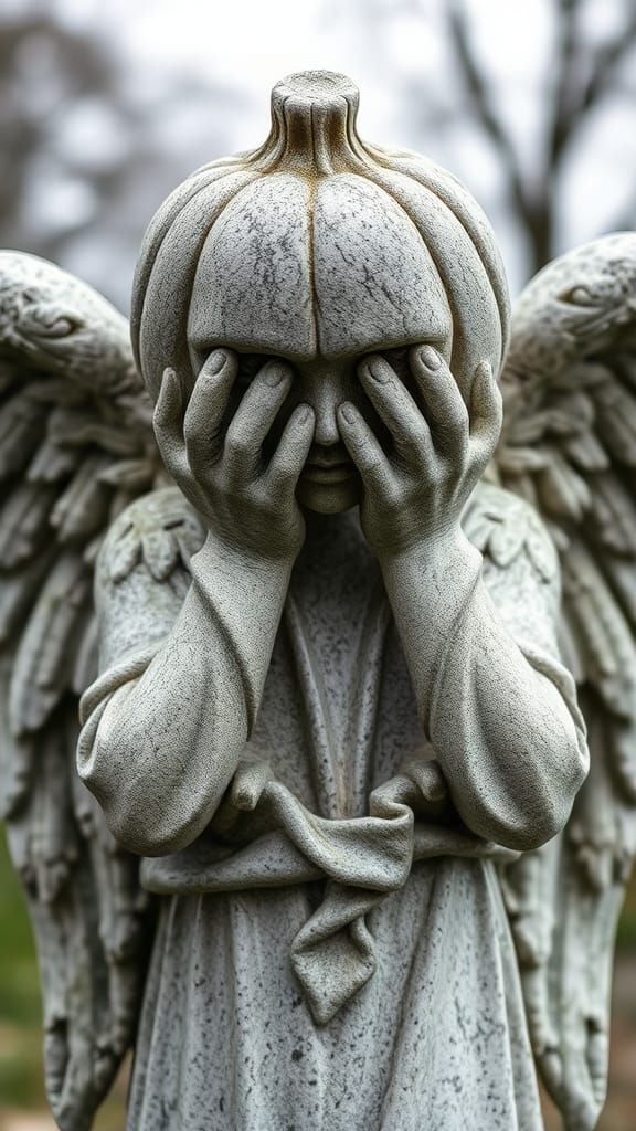 Weeping Angel Statue with Pumpkin Head