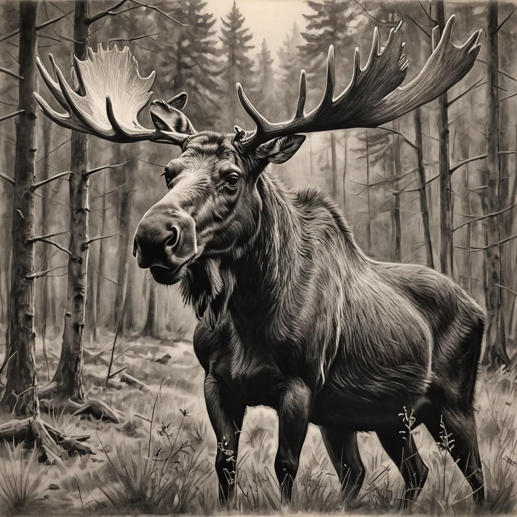 Detailed Charcoal Drawing of a Majestic Moose