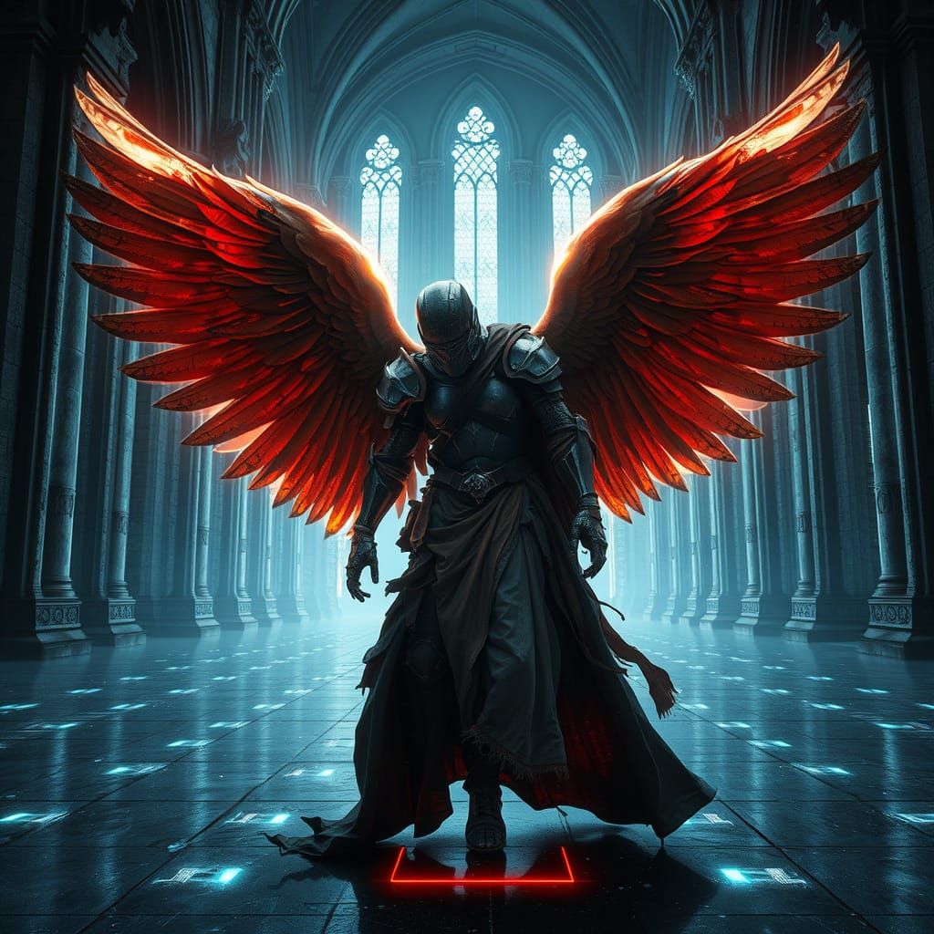 Fallen Angel in Cyberpunk Cathedral: Digital Art
