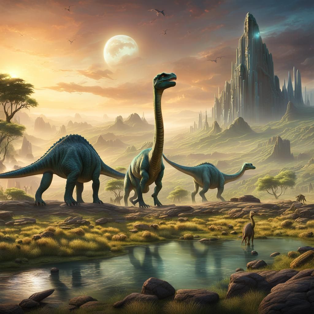 Prehistoric Paradise: Dinosaurs Under Aurora Lights