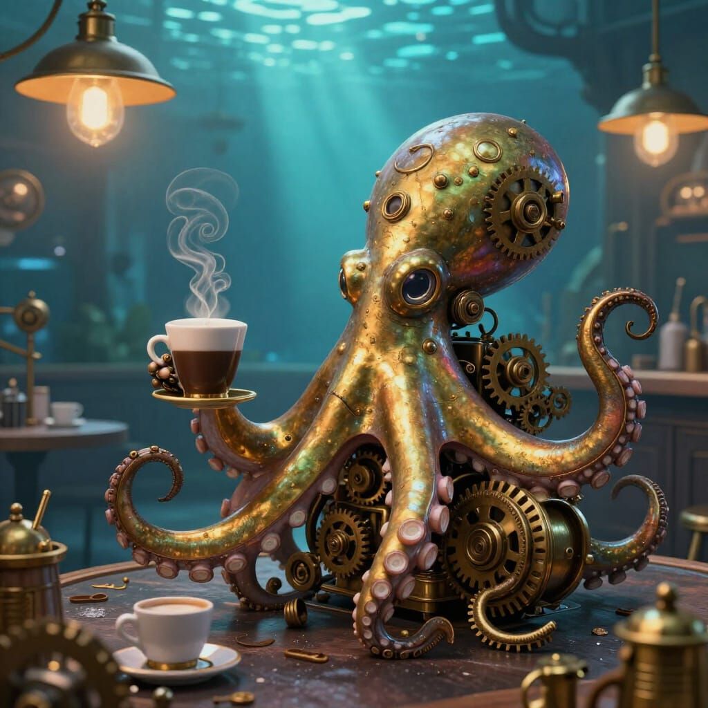 Steampunk Octopus Serves Coffee in Underwater Cafe