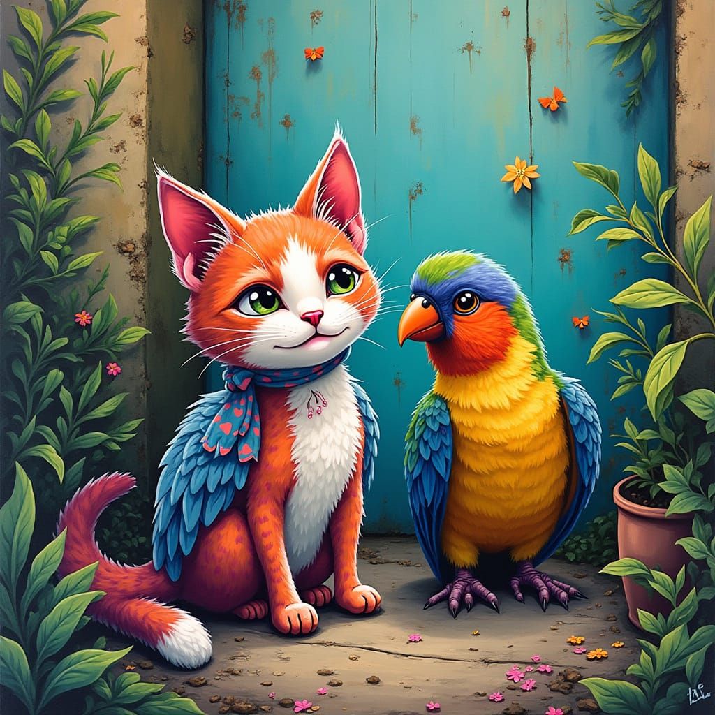 Vibrant Cat and Colourful Bird Coexist Outside in Street Art...
