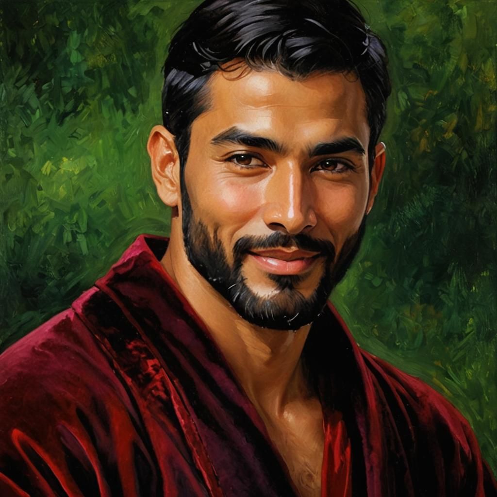 Velvet Robe Portrait in Impressionist Oil Painting Style