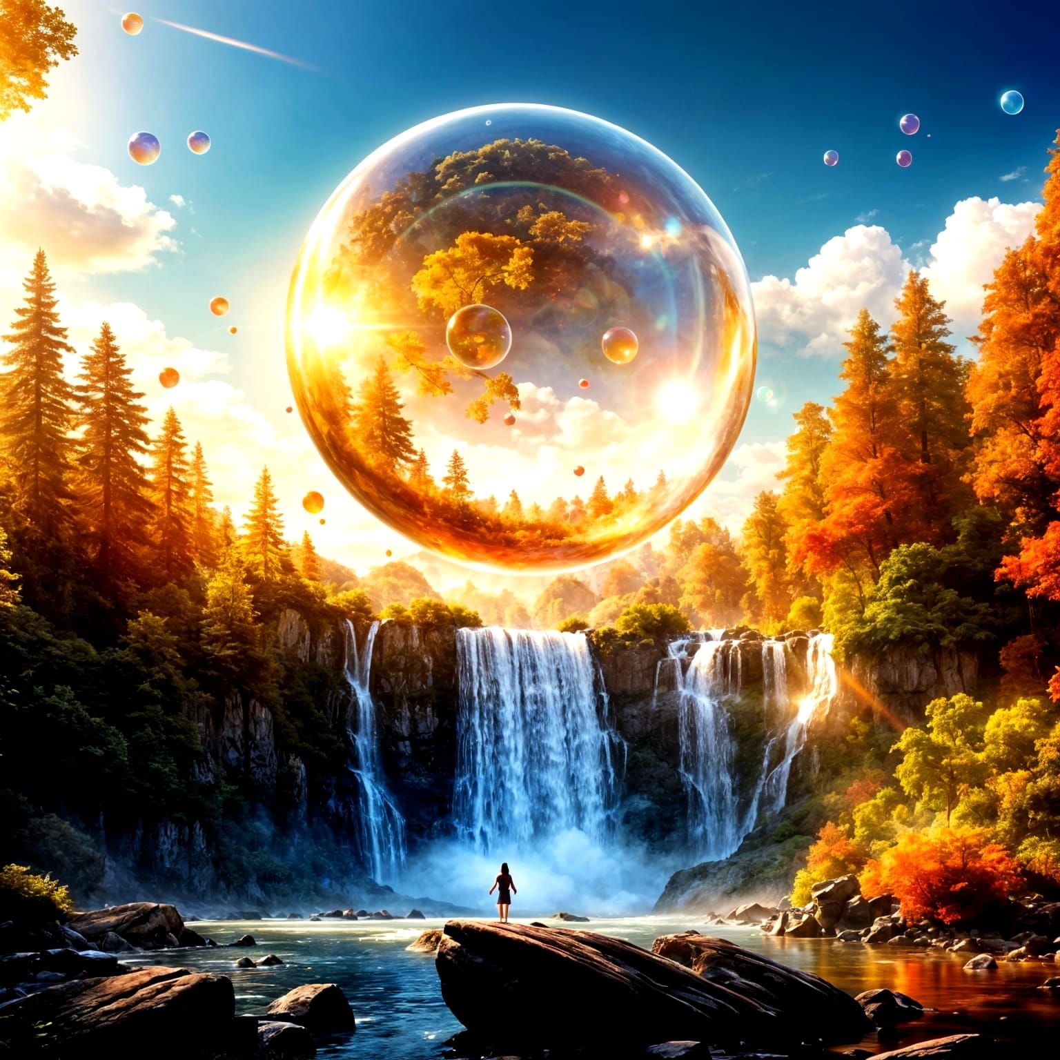 Serene Landscape with a Soap Bubble Wonderland