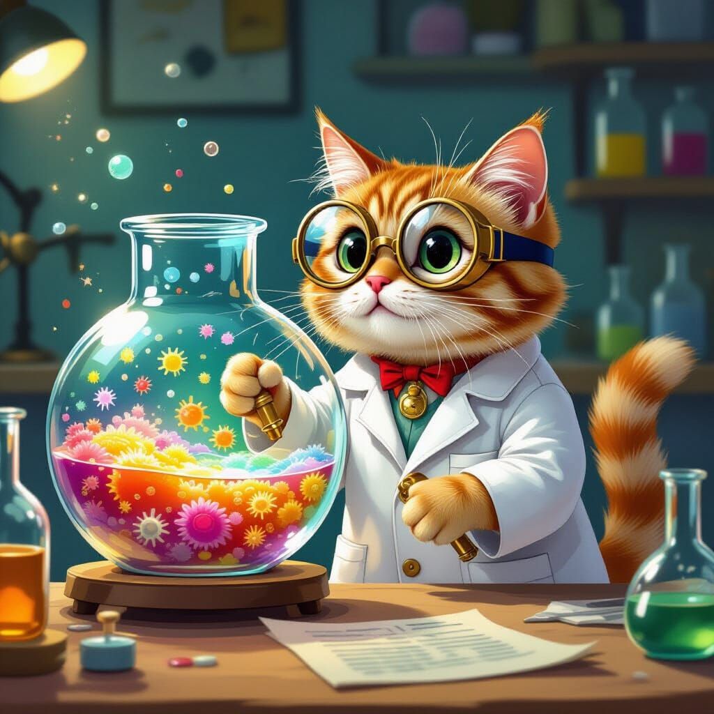 Anthropomorphic Cat Scientist Studies Glowing Bacteria