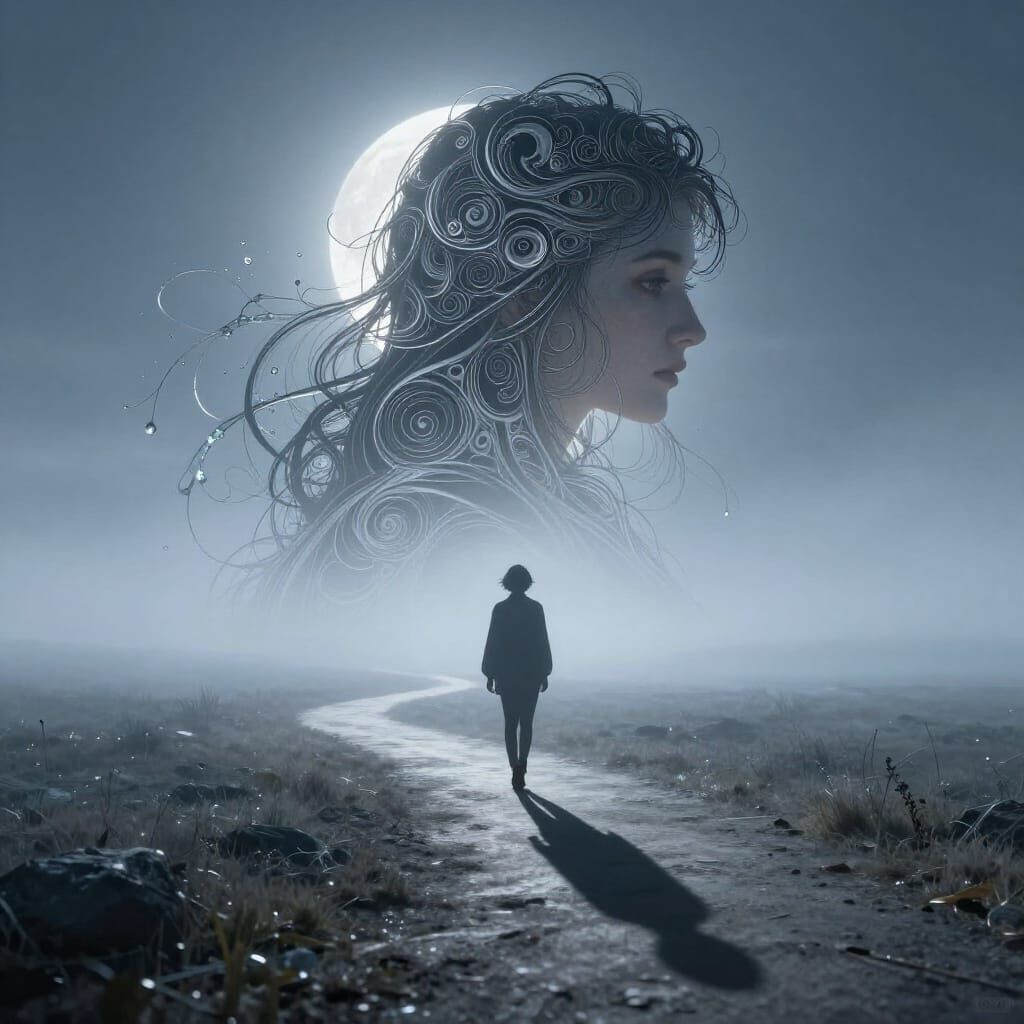 Surreal Figure Walks Moonlit Path in Foggy Landscape