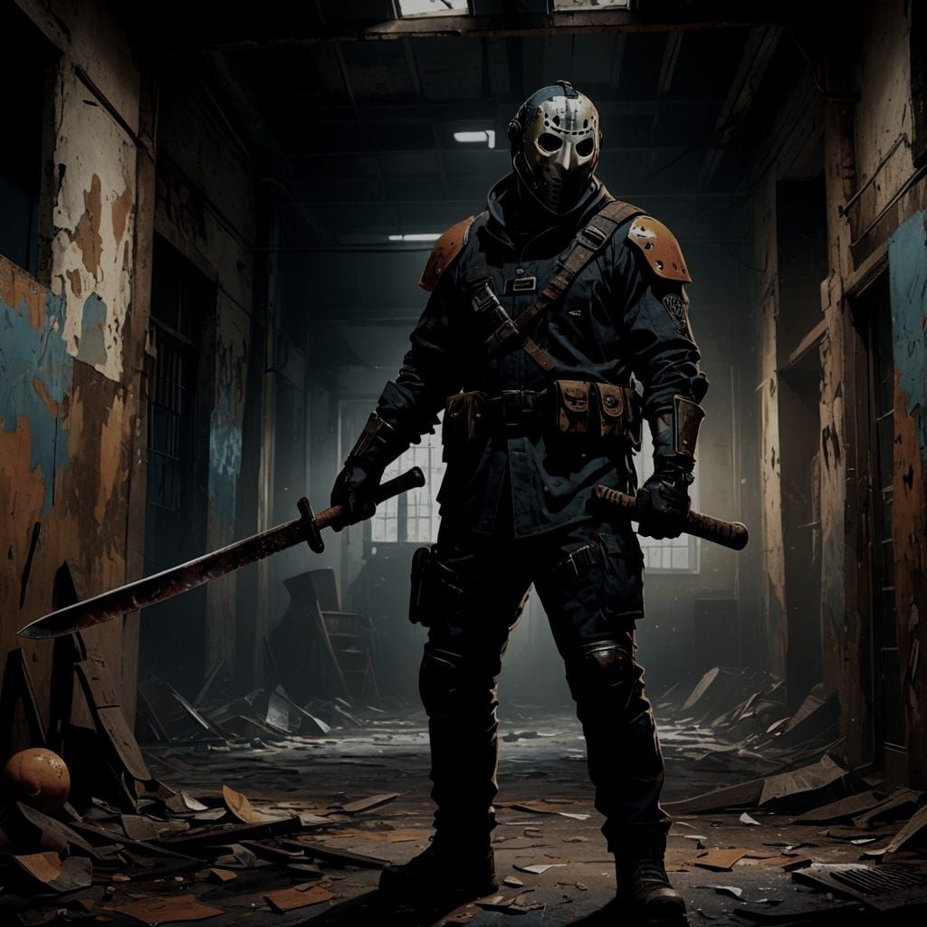Menacing Figure with Hockey Mask in Detailed Matte Painting
