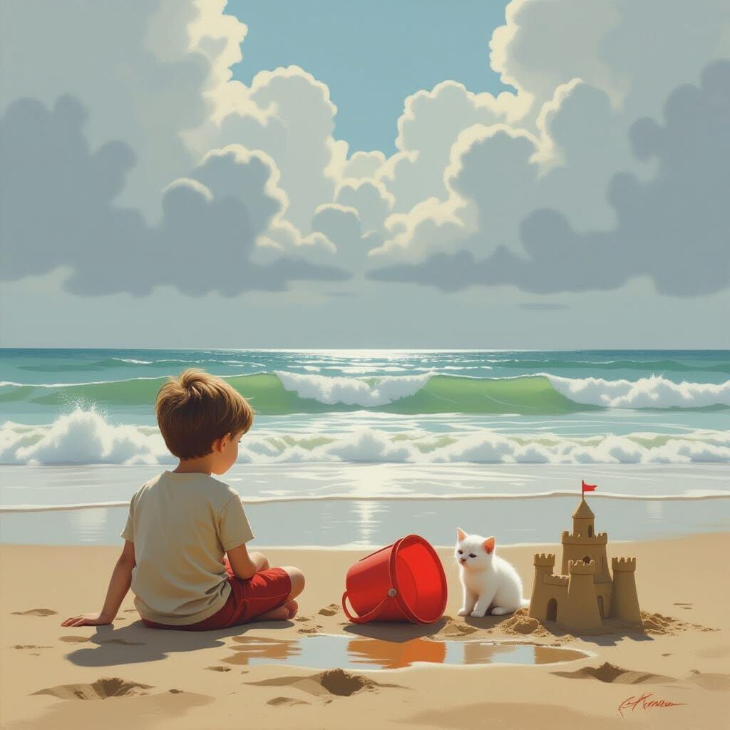 Boy and Kitten Watch Olive Sea Under Dramatic Sky