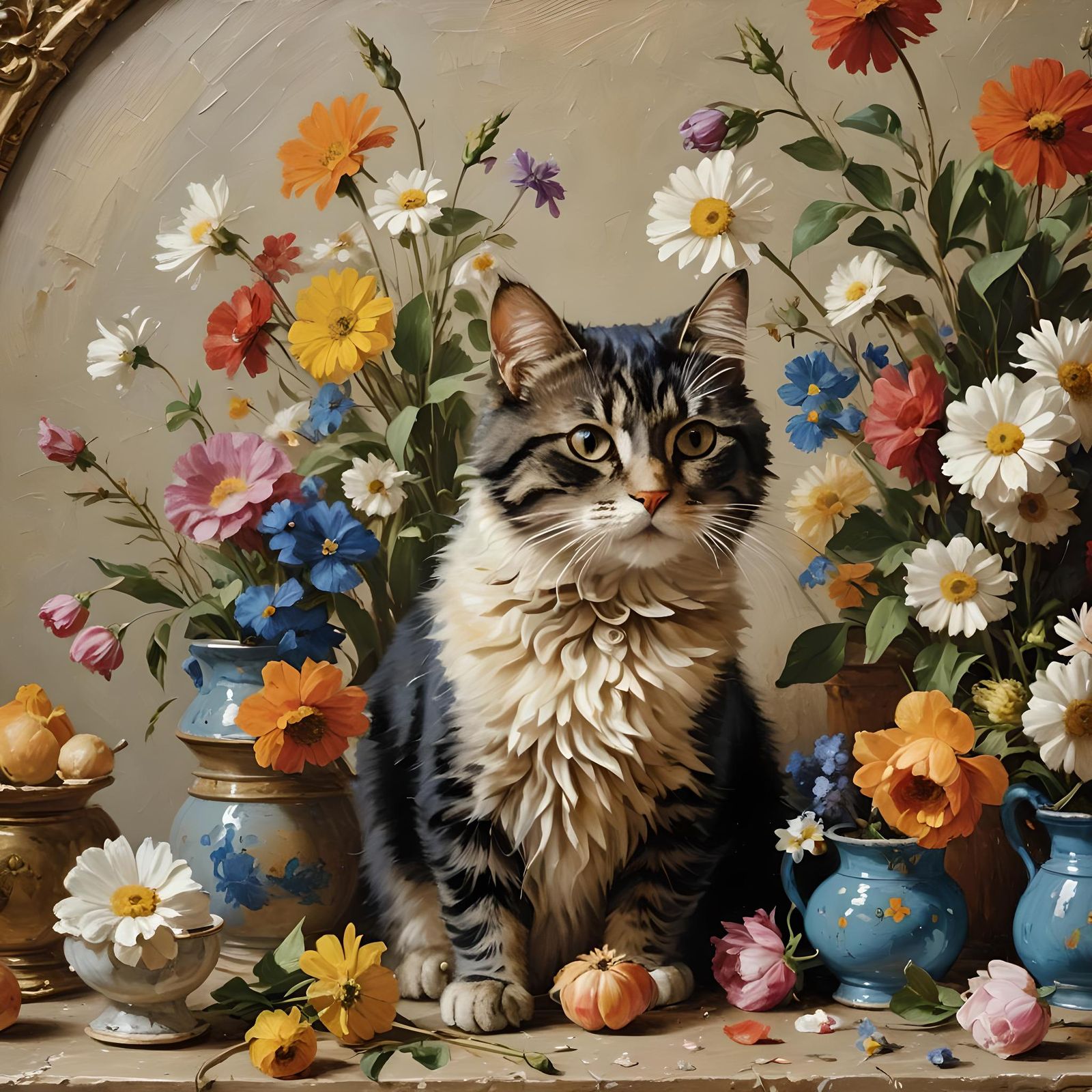 Floral Still Life with Cat in Impasto Style
